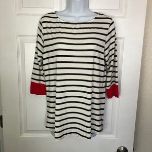 Soft and Stylish Colette Black and White Striped Tunic with Red Accent